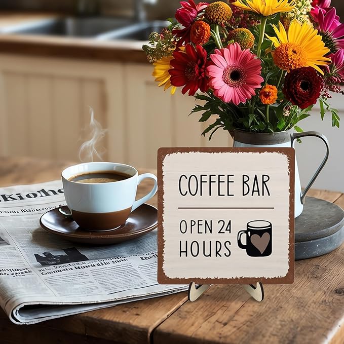 Coffee Bar Sign Plaque Decor,Coffee Bar Accessories,Rustic Wooden Tabletop Plaque with Stand, Minimalist Farmhouse Kitchen Counter Sign,Cute Mini Café Bar Decor Gift 5.9x5.9Inch