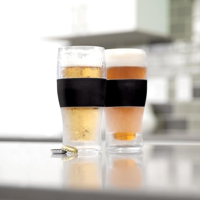 Host FREEZE Beer Glasses, Frozen Beer Mugs, Freezable Pint Glass Set, Insulated Pint Glass to Keep Your Drinks Cold, Double Walled Insulated Glasses, Tumbler for Iced Coffee, 16oz, Set of 2, Black