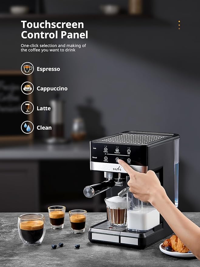 UDI Espresso Machine, 20 Bar Automatic Cappuccino & Latte Coffee Maker, Auto or Manual Quick Brew Dual Boiler, Touchscreen Espresso Maker (Black+Sliver)