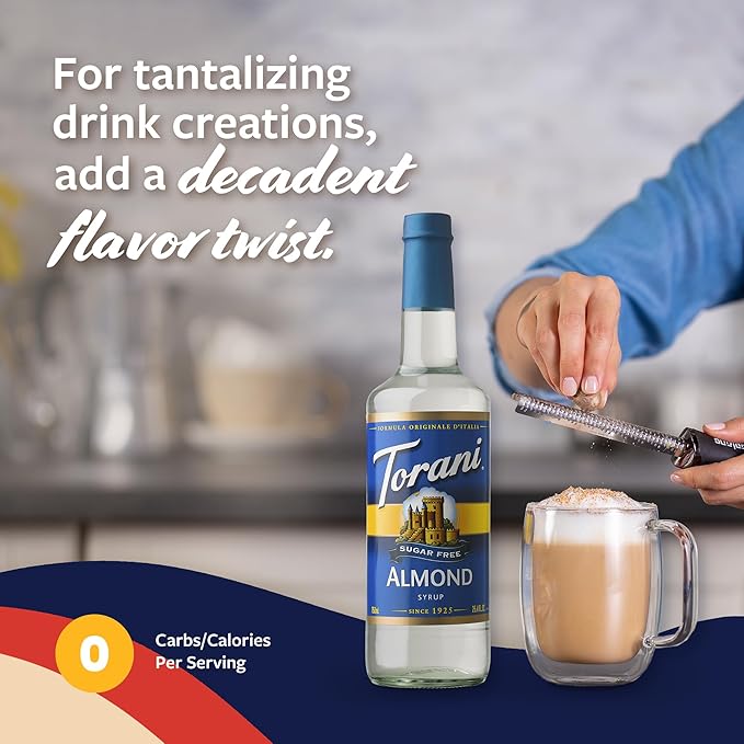 Torani Sugar Free Syrup, Almond Flavored Syrup for Drinks, Zero Calorie, Glass Bottle with Pump Included, 25.4 Fl Oz
