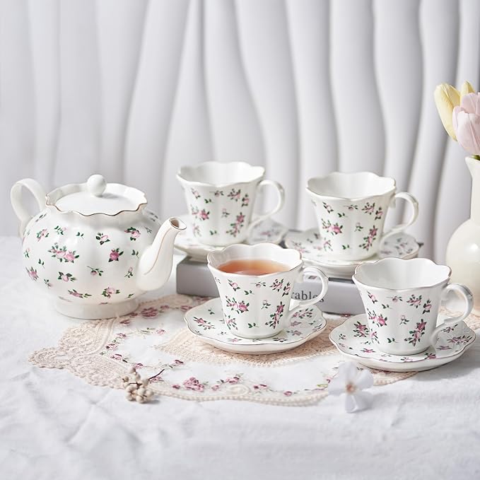 Floral Tea Cups and Saucers, 6oz Ceramic Teacup Set of 4, Elegant Scalloped Edge Coffee Cups for Latte, Cappuccino, Espresso, Rose Tea Cups for Tea Parties, Women Gifts for Mother's Day, Spring Decor