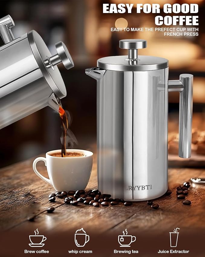 French Press Coffee Maker,304 Stainless Steel Coffee Press with scale lines and 2 Extra Filters for Kitchen & Camping (Silver, 34 OZ) 1 Litre