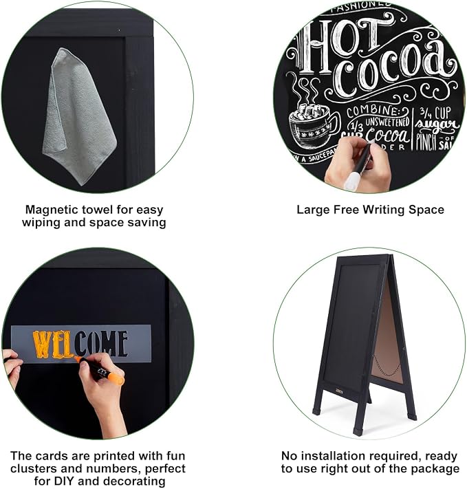 Large Sandwich A-Frame Chalkboard Sign - 40 x 20 Inches Magnetic Wooden Chalk Board for Sidewalk, Stand up Double-Sided Outdoor Easel Display for Restaurant Cafe Shop Wedding Party or Business（Black） - Image 6