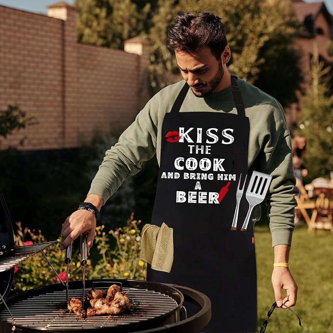 Grilling Apron - KISS THE COOK AND BRING HIM A BEER - Funny BBQ Aprons for Men Women Chef, Adjustable Kitchen Bib Apron with 2 Pockets and 40" Long Ties, Perfect for Cooking, Baking - Black - Image 6