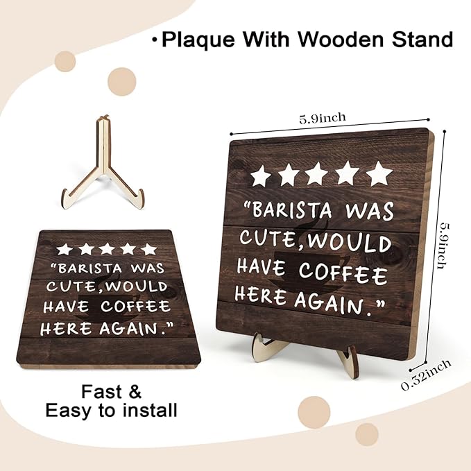 Coffee Bar Sign Plaque Decor,Coffee Bar Accessories,Rustic Wooden Tabletop Plaque with Stand, Minimalist Farmhouse Kitchen Counter Sign,Cute Mini Café Bar Decor Gift 5.9x5.9Inch