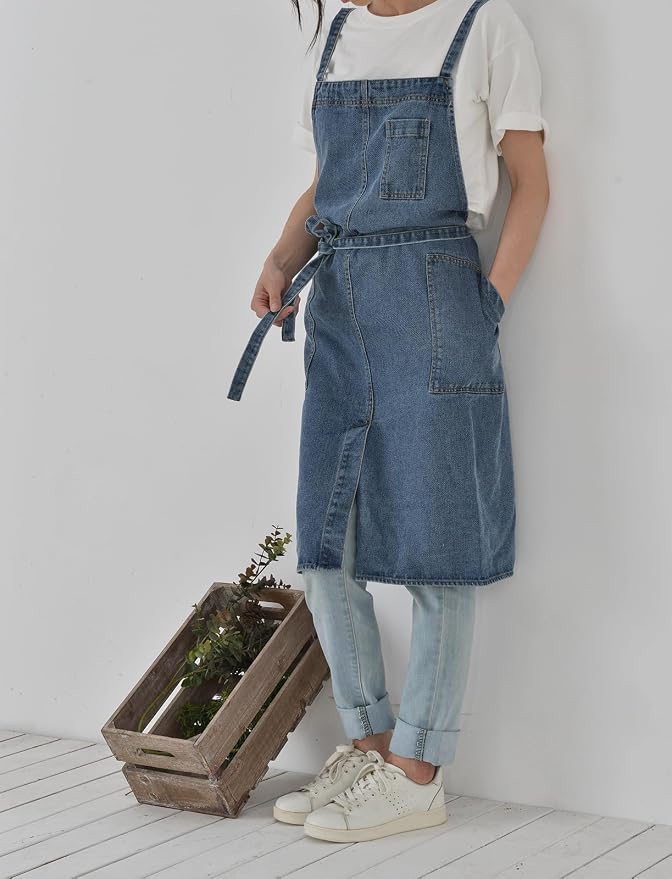 Cotton Denim Apron Soft - Unisex Adjustable Bib Apron with 5-Pockets Perfect for Kitchens - Image 6