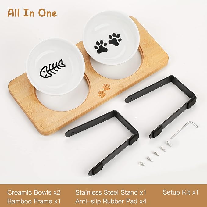 Ceramic Elevated Cat Bowls with 10° Tilted, Anti Vomiting & Whisker Friendly Food and Water Bowls with Bamboo Stand(Anti-Slip Feet), Raised Cat Food Bowls for Indoor Cats & Puppies, Dishwasher Safe