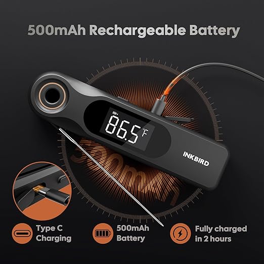 INKBIRD Dual Screen Display 0.5 Sec Rechargeable Instant Read Meat Thermometer for Cooking and BBQ, Professional 1.8mm Ultra-Fine Probe IP65 Waterproof Kitchen Thermometer with Magnets, Gill Smoker