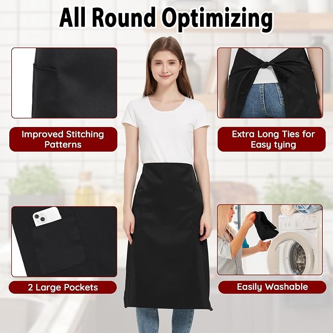 3 Pack Waist Apron with 3 Pockets, Unisex Black Waiter Aprons, Water Resistant Server Aprons for Restaurant Chef Bar - Image 6