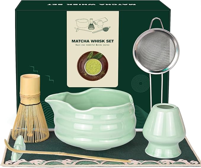 Matcha Whisk Set: 7 Pcs Ceramic Matcha Set with Bowl, Whisk, Holder, Scoop, Sifter, Rest & Towel – Japanese Matcha Kit Gift (Green)