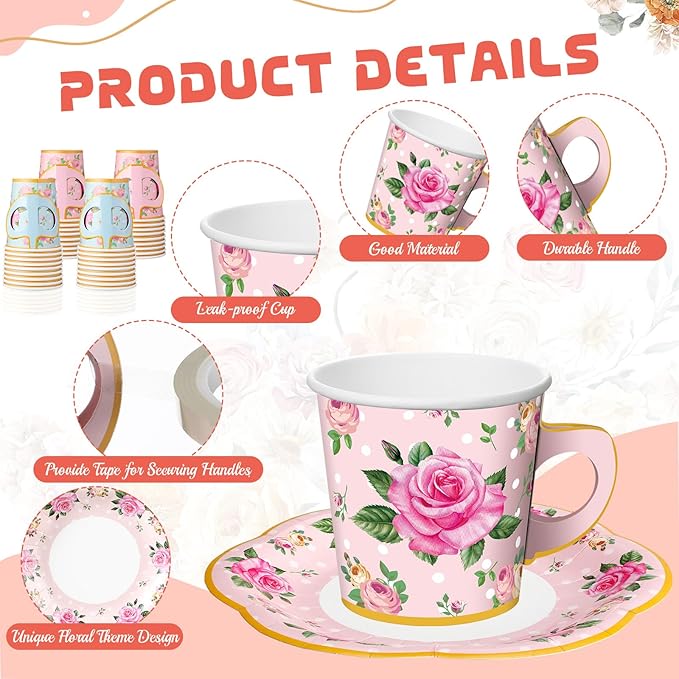 Umigy 36 Sets Tea Party Decorations 9 oz Floral Paper Tea Cups with Handle and Plates Disposable Blossom Teacups and Saucers Sets for Girls Kids Birthday Garden Wedding Party Supplies(Blue Pink)