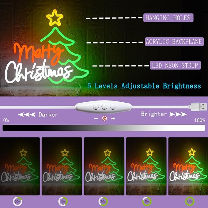 Merry Christmas Neon Sign for Wall Decor, Dimmable Christmas Tree Neon Signs LED Light up Sign with USB Powered for Bar Man Cave Club Party Room Shop Window Bedroom Decor Gifts
