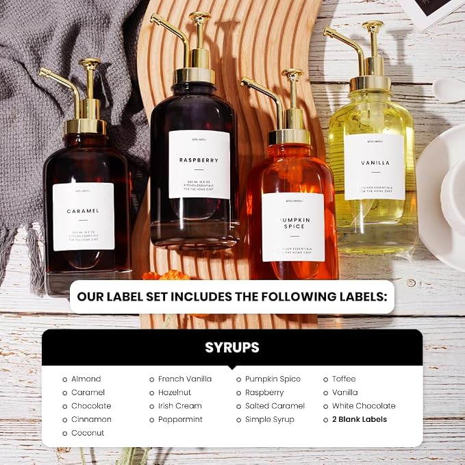 Molimoli Coffee Syrup Dispenser for Coffee Bar, Coffee Pump Dispenser, Glass Syrup Bottle w. Pump, Maple/Coffee Syrup Bottles, Set of 4 w. Labels, Gold - Image 5