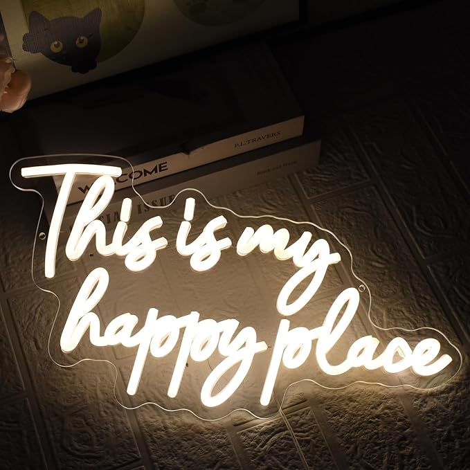 This is My Happy Place Neon Sign, Warm White Neon Lights for Wall Decor, Happy Place Signs for Wall Decor, USB Dimmable Led Light Up for Bedroom Classroom Man Cave Home Bar
