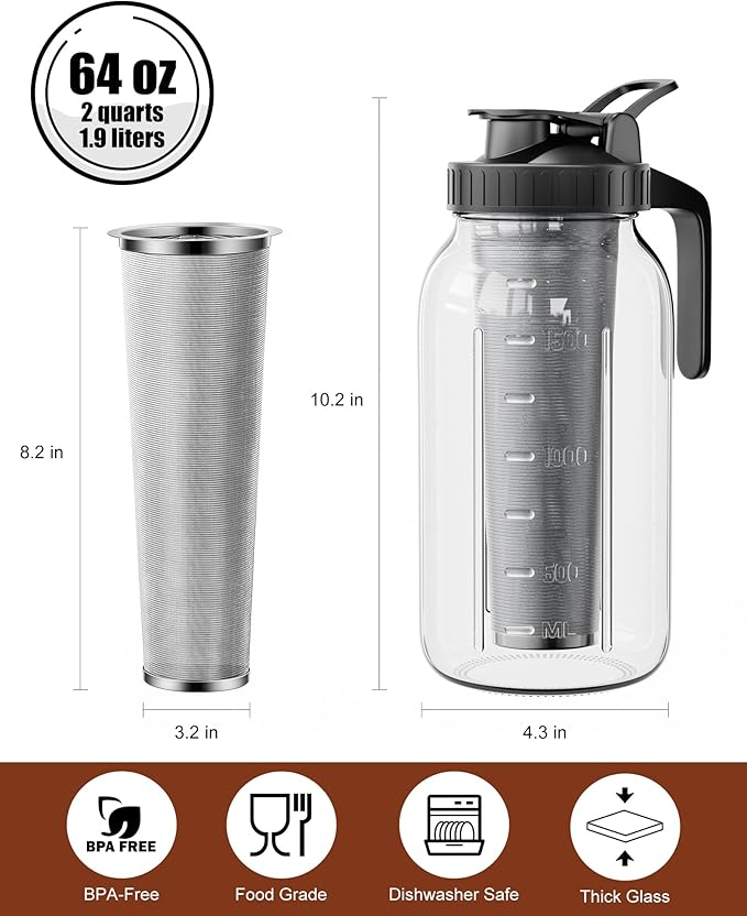 2-Pack Cold Brew Coffee Maker - 64oz Mason Jar Pitcher with Stainless Steel Filter, Spout Lid for Iced Coffee, Tea, Lemonade & Fruit Drinks