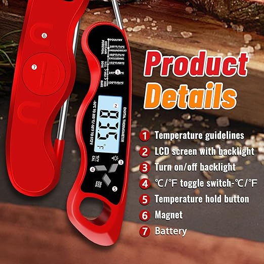 Meat Thermometer, IP67 Waterproof Digital Meat Thermometer with Backlight, Hold Function & Magnet for Grill, BBQ, Candy, Beef,Turkey