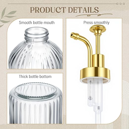 LemonRoad 4 Pcs Coffee Syrup Dispenser for Coffee Bar 10oz Glass Syrup Pump Dispenser with Gold Pump, Gold Scoop and Funnel for Bar Accessories - Image 3