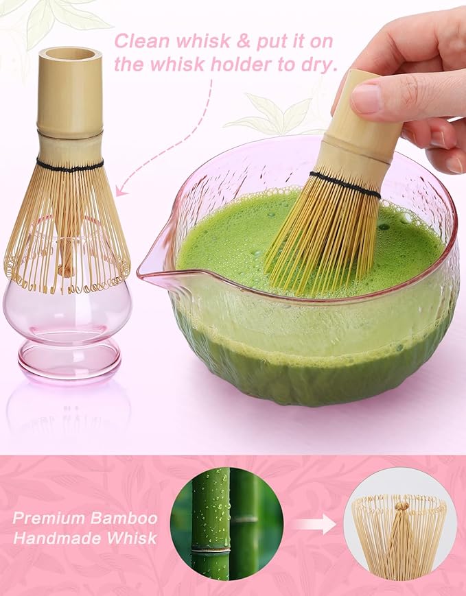 Matcha Whisk Set, 7 Pcs, Matcha Kit Includes Matcha Bowl, Matcha Whisk and Holder, Bamboo Scoop, Spoon, Sifter and Tea Towel, Matcha Set, Gift for Matcha Lovers & Beginners (Glass Pink)