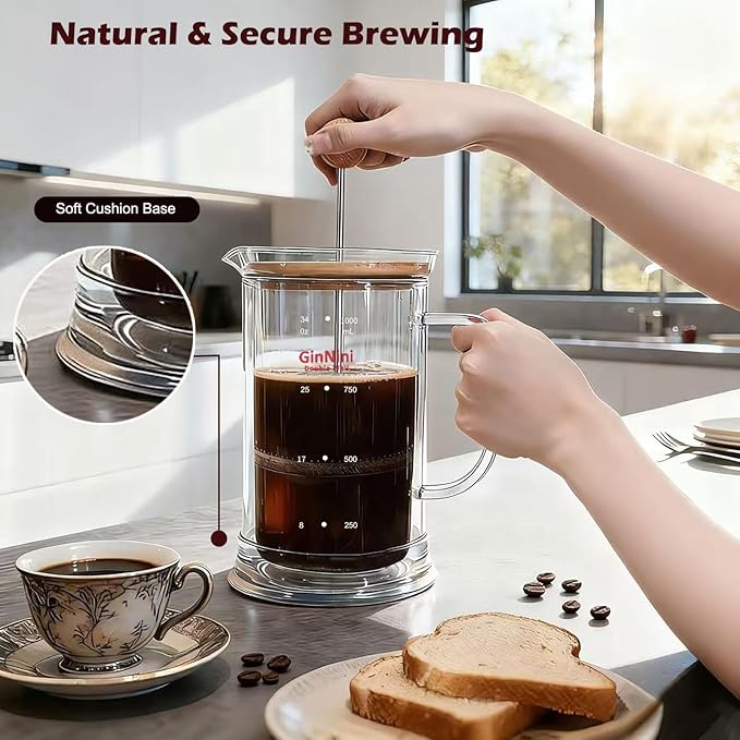 34-Ounce plastic free French Press Coffee Maker, Double Wall Glass coffee press, Stainless Steel Filter and Shaft, Bamboo Knob and Lid, Heat-Resistant tea french press no plastic large tea maker