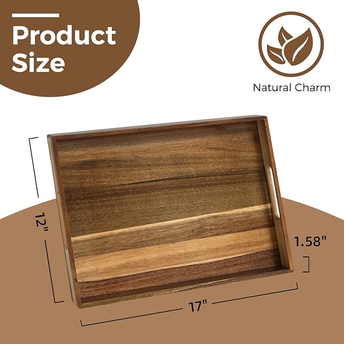 Acacia Wood Serving Tray with Handles, 17 Inch Wooden Tray for Ottoman, Breakfast, Lunch, Dinner, Decorative Rectangular Tray for Living Room, Kitchen Counter, Outdoor