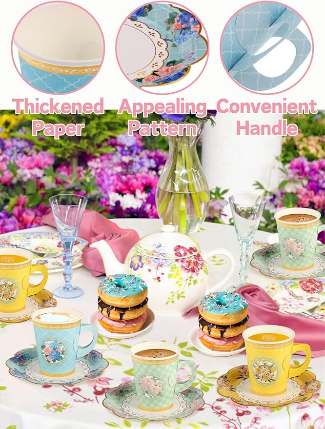 32 Set Floral Paper Tea Cups(8.5 oz) with Handle & 6" Saucers Set, 64pcs Disposable Tea Cup Saucer for Cold & Hot Drinks Serves 32 for Tea Party Wedding Baby Shower Party Supplies