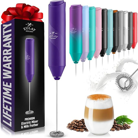 Zulay Kitchen Powerful Milk Frother Wand - Handheld Stainless Steel - Battery Operated Drink Mixer for Coffee, Lattes, Cappuccino, Matcha - Froth Mate Frother Gift - Deep Purple Color: Deep Purple