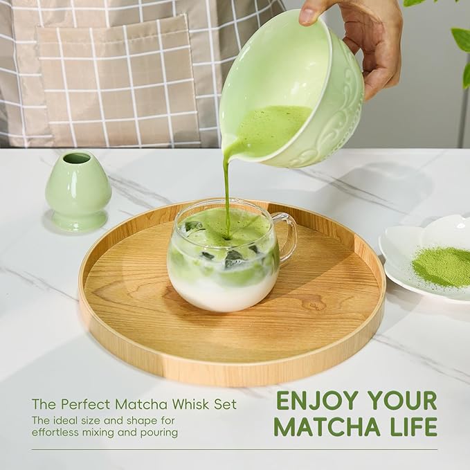 7-Pcs Matcha Whisk Set, Matcha Kit Set Includes Bowl With Spout, 100% Natural Bamboo Whisk, Japanese Ceremony Matcha Tea Making Tools - Ideal Gift Christmas, Birthday（Lucky Green）