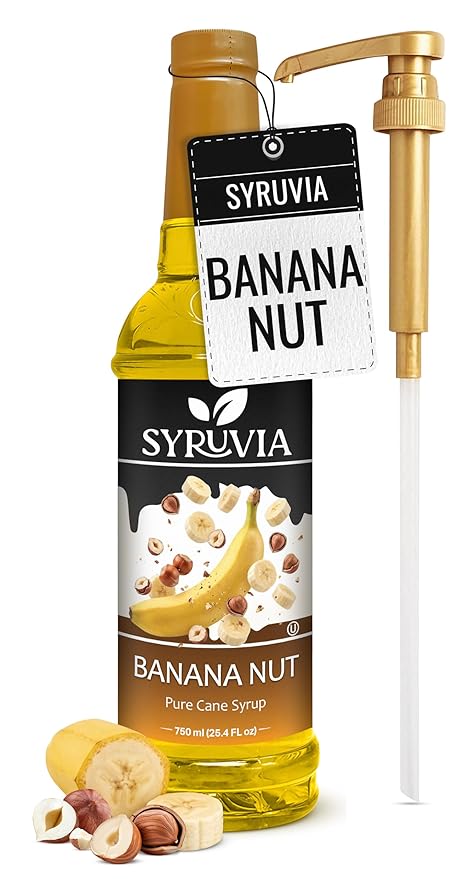Syruvia Banana Nut Flavored Syrup for Drinks, Cocktails, Lemonades, Iced Teas and Desserts – 25.4 fl oz, With Pump