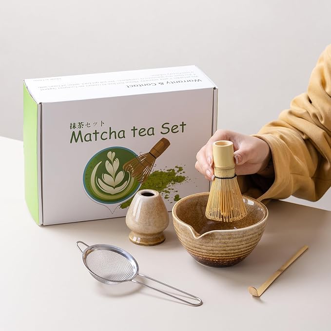 Traditional Matcha Tea Ceremony Set with Ceramic Bowl, Bamboo Whisk, Stand and Strainer, 5-Piece (yellow)