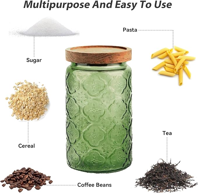 Glass Jar with Lid, Vintage Glass Storage Jars with Airtight Lid Coffee Canister Sugar Container for Kitchen Counter Pantry, Spice, Candy, Coffee Beans, Tea, Oats (34FL OZ Begonia Green)