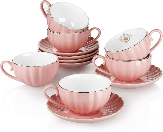 Amazingware Royal Tea Cups and Saucers, with Gold Trim and Gift Box, British Coffee Cups, Porcelain Tea Set, Set of 6 (8 oz)- Pink