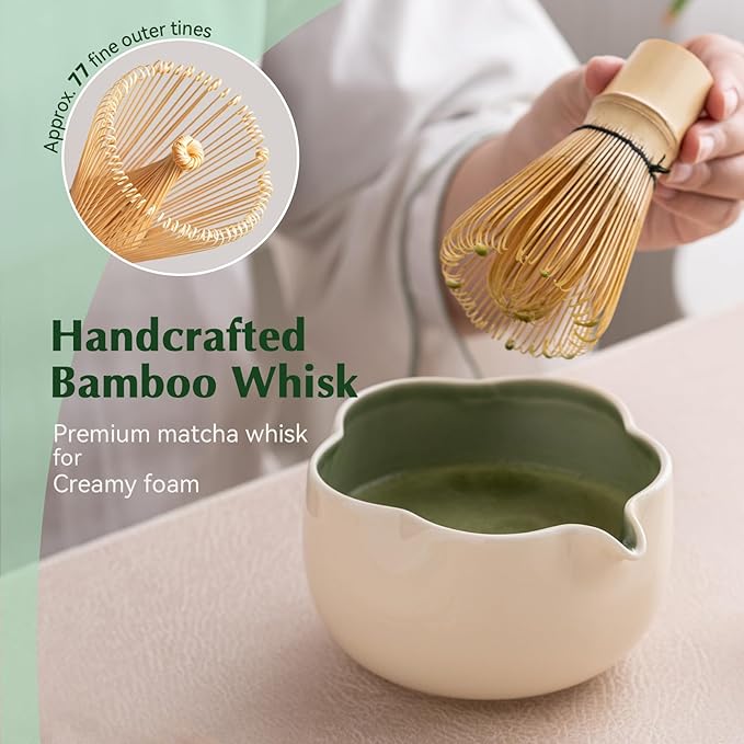 Matcha Set, 8Pcs Floral Ceramic Matcha Kit with Matcha Whisk, Holder, Scoop, Scoop Rest, Sifter, Spoon and Tea Towel - Thoughtful Matcha Whisk Set Gift for Matcha Lovers (Beige & Green)