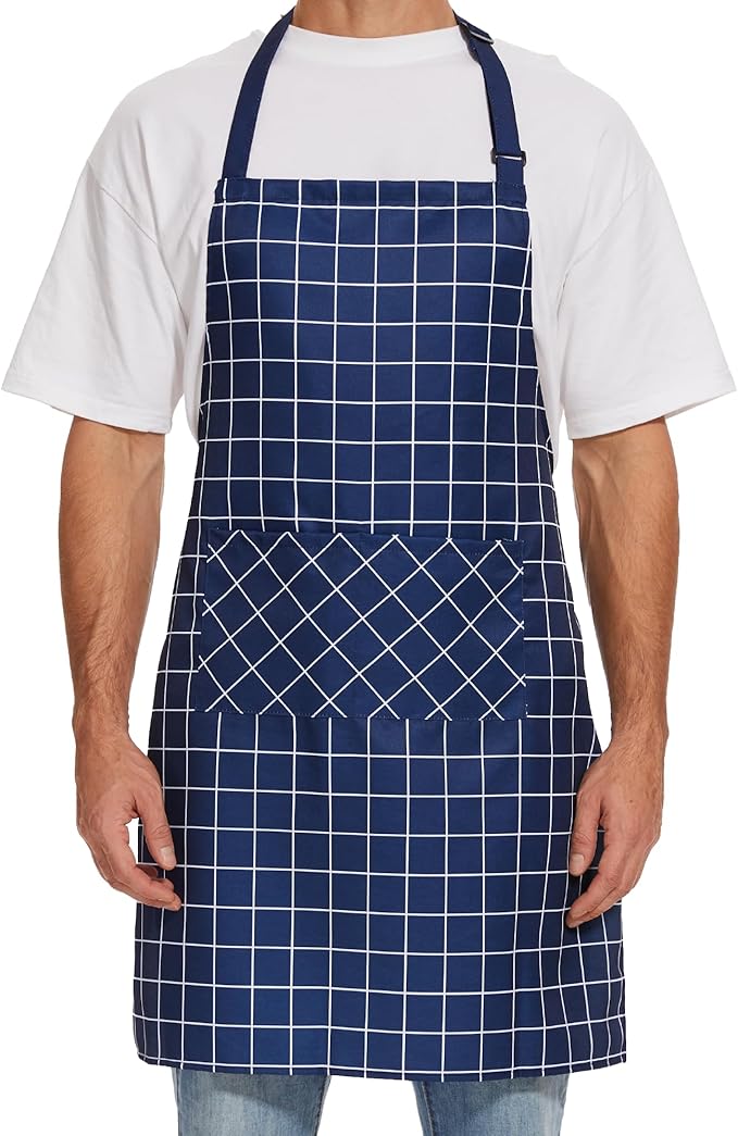 Will Well Kitchen Apron for Men and Women - 33" x 27" Oil-and-Water-Resistant with Adjustable Neck Strap and 38" Waist Ties for a Snug Fit, Lightweight with 2 Front Pockets - 1-Pack, Navy Checkered | Unisex 33'' x 27'' Oil & Water Resistant Soft Kitche... by WillWell
