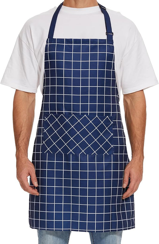 Will Well Kitchen Apron for Men and Women - 33" x 27" Oil-and-Water-Resistant with Adjustable Neck Strap and 38" Waist Ties for a Snug Fit, Lightweight with 2 Front Pockets - 1-Pack, Navy Checkered | Unisex 33'' x 27'' Oil & Water Resistant Soft Kitche... by WillWell