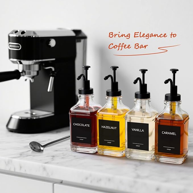 Coffee Syrup Dispenser, Coffee Bar Accessories 16.9 fl oz/500ml, Glass Syrup Dispenser with Pump Dispenser, Labels, Spoons for Coffee Bar, 4 Pack - Image 7