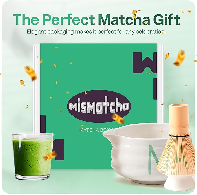 Matcha Whisk Set with 'matcha' Design - 6 Piece Ceramic Matcha Set with a Bowl, Whisk, Stand, Spoon and Sifter - Designed in the UK - Gift Set
