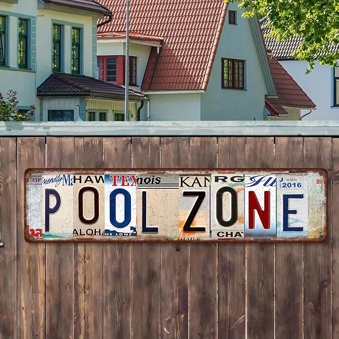 Vintage License Plate POOL ZONE Sign – 16x4 Inch Rustic Tin Wall Décor for Backyard Pool, Patio, Hot Tub, Cabana or Outdoor Swimming Area - Image 4