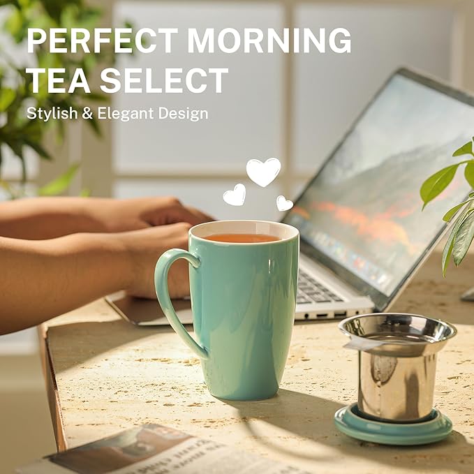 Sweese 15oz Porcelain Tea Mug with Infuser and Lid – Microwave Safe, Ergonomic Handle, Lead-Free Glaze, for Loose Leaf Tea Mint Green;