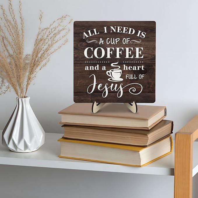 Coffee Bar Sign Plaque Decor-A Heart Full of Jesus,Cafe Bar Accessories,Christian Rustic Wooden Tabletop Plaque with Stand, Faith Scripture Mini Counter Sign for Kitchen Coffee Station Office 5.9x5.9
