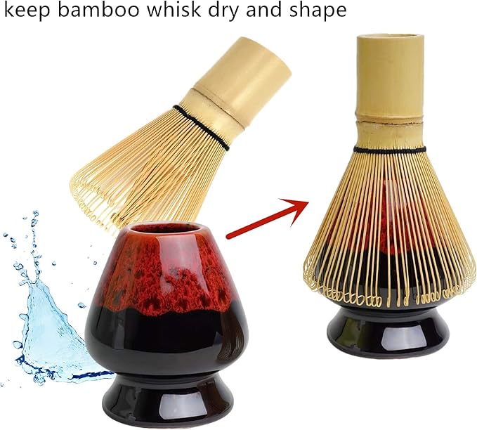 Japanese Matcha Tea Set, Bamboo Whisk (Chasen) + Matcha Scoop (Chashaku)+Ceramic Whisk Holder,fit for Japanese Tea Matcha Tea,Matcha Latte Accessories (G)