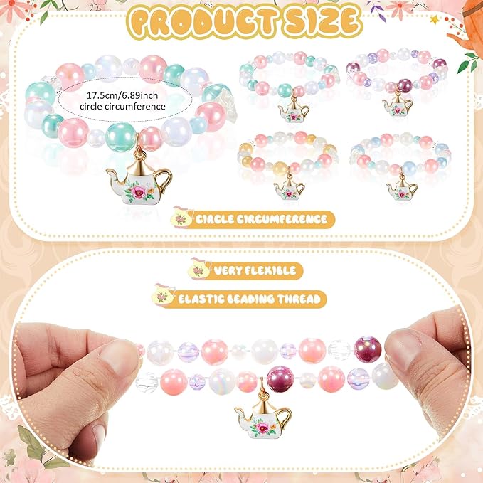Ecally 12 Pcs Tea Party Favors Bracelet Gift Tea Pot Beaded Bracelet Bulk Party Supplies Pot Pendant Accessories Decorations for Kids Girl