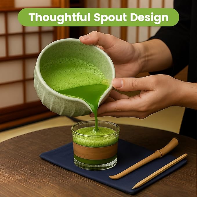 Farielyn-X Matcha Whisk Set, Japanese Tea Set (5pcs) includes Matcha Bowl with Spout (19 oz), Bamboo Whisk, Matcha Scoop, Matcha Whisk Holder (Chasen Holder), Stainless Steel Sifter, Macha Kit