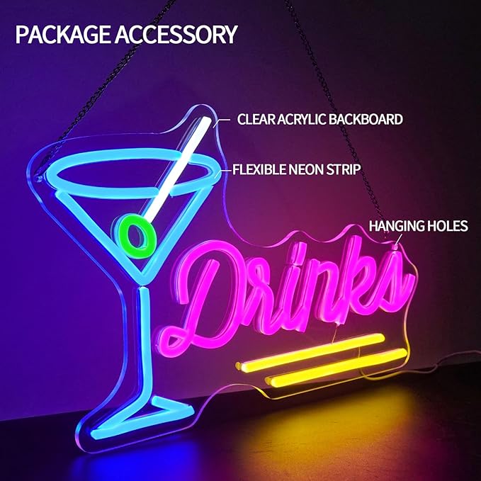 Drinks Neon Sign Dimmable Cocktail Neon Light Sign for Wall Decor Blue Pink Letters Led Signs for Bar Party Man Cave Pub Restaurant Bistro Room Decor Gift for Boys 16.5" x 10.2"