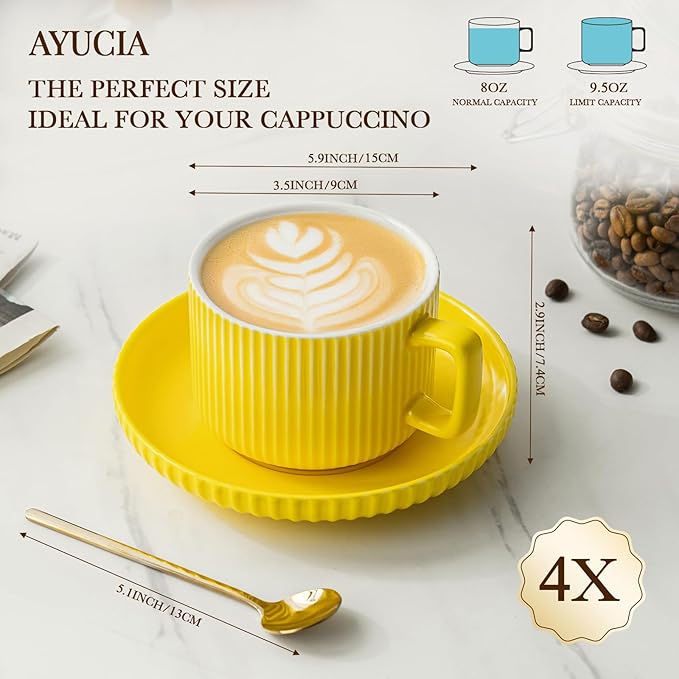 8 Ounce Cappuccino Cups Set of 4, Latte Mugs with Saucers and Spoons, Yellow Ceramic Coffee Mugs Tea Cups for Cappuccino Latte Mocha Au Lait Macchiato Cafe