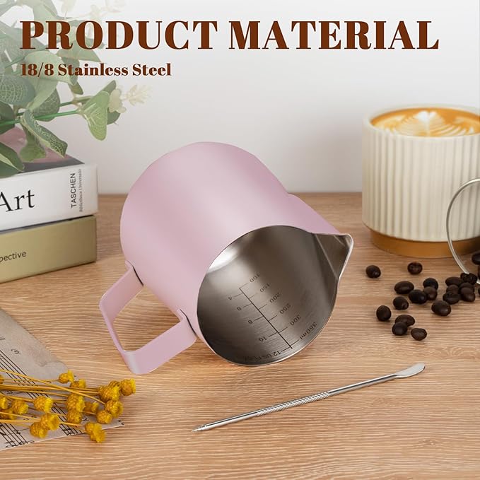 Milk Frothing Pitcher, 12 oz Milk Frother Cup with Clear Scale, 304 Stainless Steel Cappuccino Espresso Machine Accessories for Barista Coffee Bar with Latte Art Pen, Pink