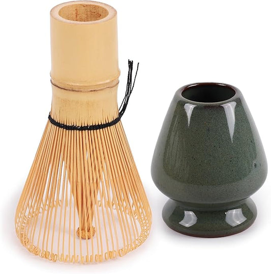Matcha Tea Bamboo Whisk And Ceramic Rest 2 Piece Set - Green Floral Holder - 1 Set
