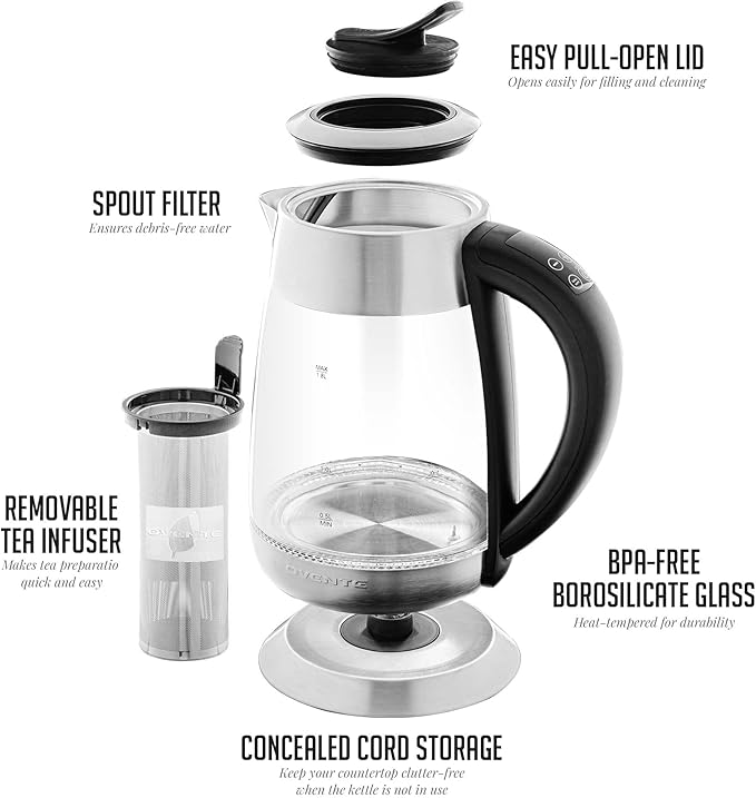 OVENTE Electric Glass Kettle Water Boiler 1.8 Liter BPA Free - 1500W w/Stainless Steel Infuser, Set Temperature Control, Auto Shut Off, Portable Fast Instant Heater for Coffee & Tea - KG661S