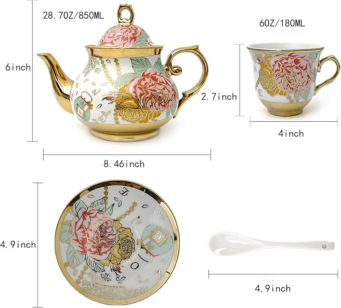 CHANJOON Gold Plated Red Rose Ceramic Tea Set, Vintage Teapot, Beautiful Tea Set Coffee Serving 6 People (Golden, large)