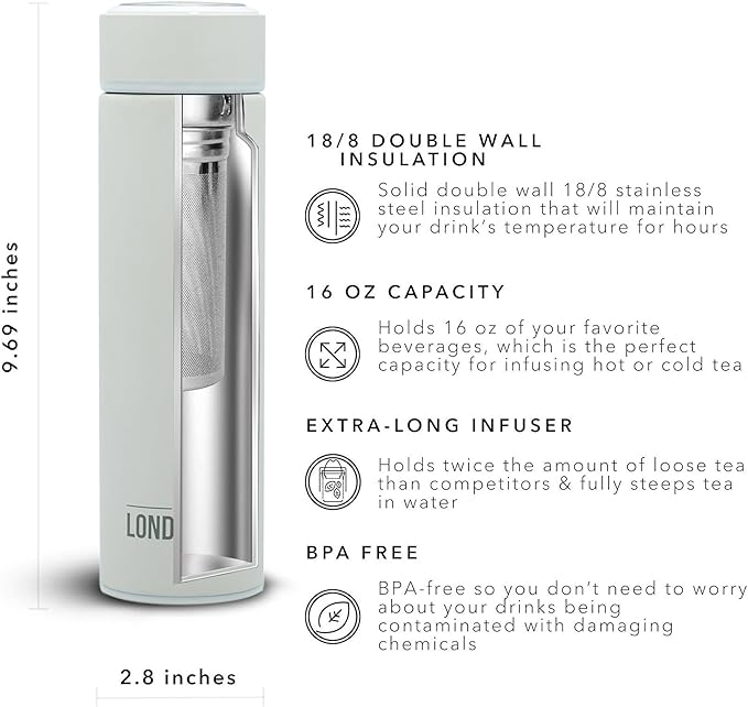 The London Sip 16.9 oz Multi-Purpose Tea Infuser Mug – Fruit Infuser Water Bottle for Hot and Cold – Double Wall Stainless Steel Insulated, Pearl White