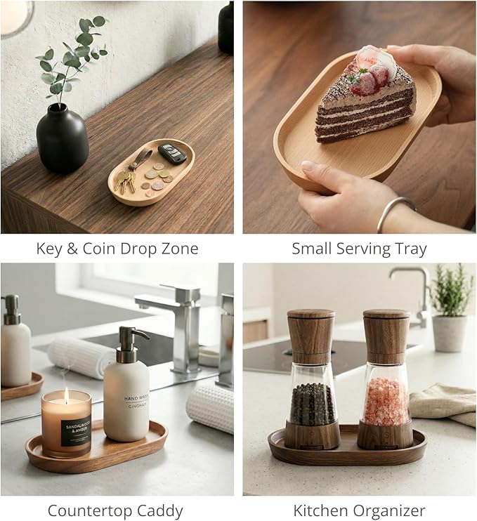 Wooden Mini Serving Tray for Parties, Tea & Coffee Table, Small Oval Wood Plate for Fruit & Snacks, Decorative Tray for Jewellery, Keys & Coins, Tray for Bathroom (Beech Wood, 7.8'4.66')